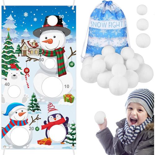 Elcoho 22 Pieces Snow Toss Games Banner Snow Toy Ball Set Winter Toss Cornhole Games Banner with Snow Toss Balls and Drawstring Bag for Xmas Indoor Outdoor Throwing Games Party Supplies