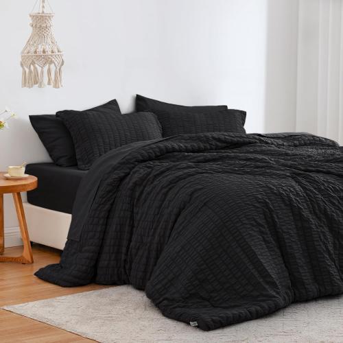 Love's cabin Seersucker Black California King Comforter Set, 7-Piece All Season Lightweight Bed in a Bag Bedding Set with Comforter, Flat Sheet, Fitted Sheet, Pillowcases and Shams