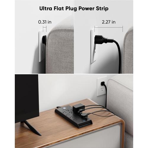 Surge Protector Power Strip 4800J, LeZone 10Ft Long Extension Cord Flat Plug, 12 Outlets 2 USB C 2 USB Ports, Wall Mountable, Desk Charging Station, Black