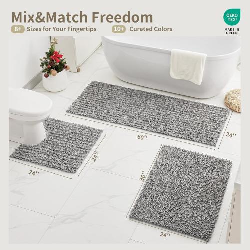 Bathroom Rugs Non Slip Washable, Extra Thick Soft Chenille Absorbent Bath Mat, High Density Barrier Non Slip Backing, Quick Dry Plush Shaggy Floor Carpet for Tub&Shower , Grey