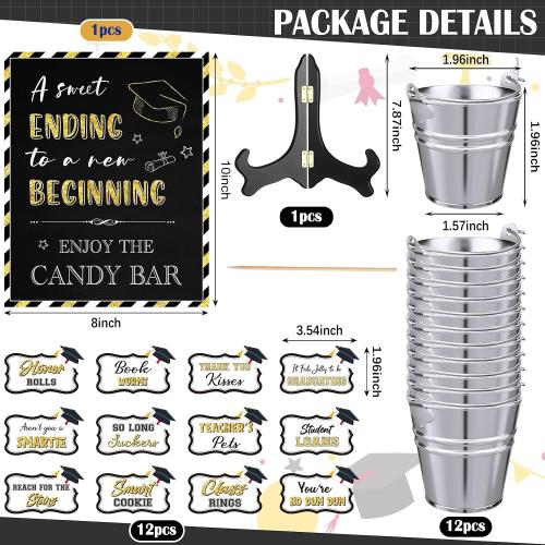 12 Silver Buckets Nuogo Graduation Candy Buffet Set Include 12 Mini Metal Bucket with Handles 1 Candy Buffet Table Sign with 1 Stand Grad Candy Bar Party Dessert Food Decoration