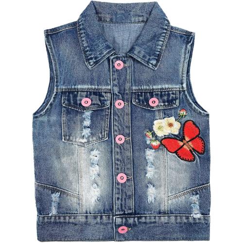 Peacolate Little Big Girl Outfit Distressed Sleeveless Jacket Embroidered Sequins Butterfly Denim Vest