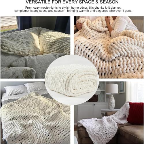 Luxury Super Chunky Knit Throw Blanket, Handmade Chenille Cable Knit Crochet Blanket 50x60, Soft Thick Chunky Yarn Knit Throw for Couch & Bed, No Shedding, Ivory/Cream Home Decor Gift