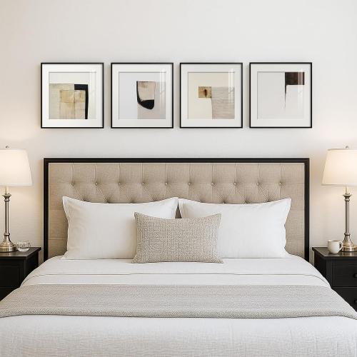 4 Piece Framed Neutral Abstract Wall Art Set, Tan and Black Geometric Modern Pictures Prints, Minimalist Luxury Paintings Artwork for Bedroom, Bathroom, Hallway and Living Room 12x12 Inch