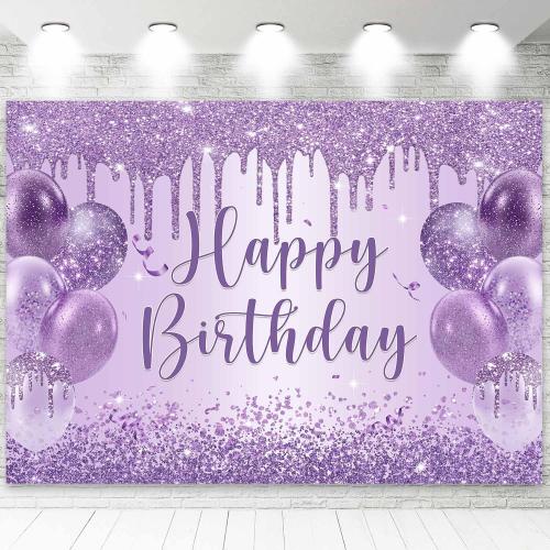 Sensfun Purple Happy Birthday Backdrop Banner Shiny Glitter Balloon Photography Background for Women Girls Sweet 16 18th 21st 30th Birthday Party Decorations Banner Photo Booth Props 6x4ft