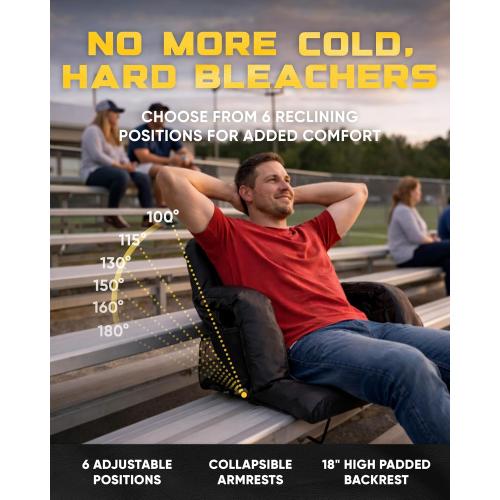 BRAWNTIDE Stadium Seat for Bleachers with Back Support - Wide Padded Reclining Bleacher Seat, Portable Folding Stadium Chair with Armrests, Hooks, Straps, Cup Holders & Pockets (Black, 23, 2 Pack)