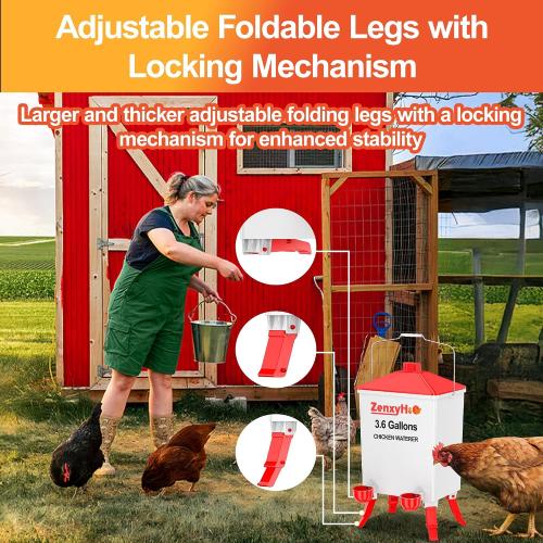 ZenxyHoC 3.6 Gal Chicken Waterer with Anti-Roost Cone, 3 Height Adjustable Locking Legs and 4 Automatic Water Cups for Backyard Flock