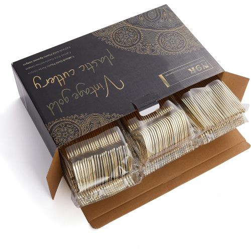 N9R 300pcs Gold Plastic Silverware Dinnerware Flatware- Heavyweight Plastic Cutlery Set, 100 Forks, 100 Spoons, 100 Knives, Gold Utensils for Party, Thanksgiving, Christmas