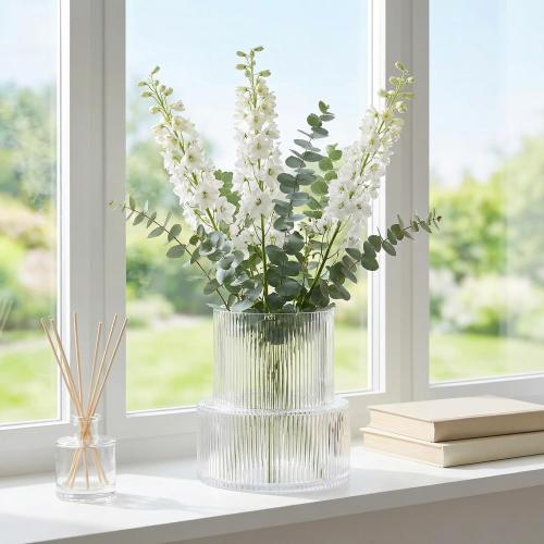 Ribbed Glass Vase, Flower Vase, Fluted Clear Vases for Flowers, Modern Vases for Living Room, Dining Table, Entryway, Shelf, Wedding, Office, Coffee Table, Birthday, 7.5 Inches