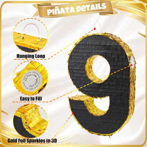 PCFING 20 Inch Number 9 Piñata Gold Black with 30 Inch Piñata Stick Blindfold Confetti for Man Women Boys Girls Birthday Party Decorations, Anniversary Celebration, Fiesta