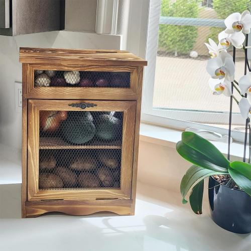 Ikee Design Free Assemble Wooden Countertop Potato and Onion Storage Bin Box,Countertop Cabinet, Wooden Bread Boxes, Potato Storage, Coffee Station,11.8W x 6.8D x 16H in, Rustic Color