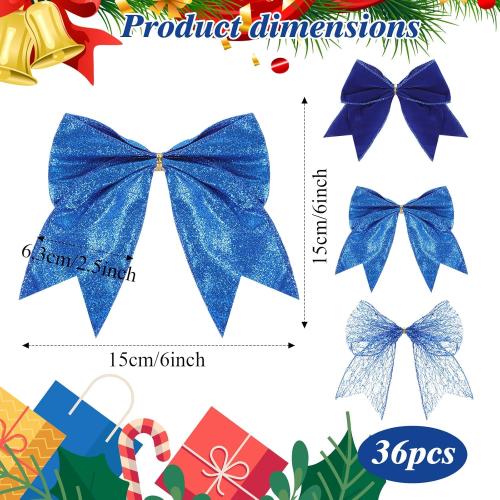 36 Pcs Christmas Bows with Twist Ties 6 Inch Velvet Mesh Ribbon Wreath Glitter Bows for Holidays Wreath Christmas Tree Railings Farmhouse Decoration DIY Craft Gift(Blue)