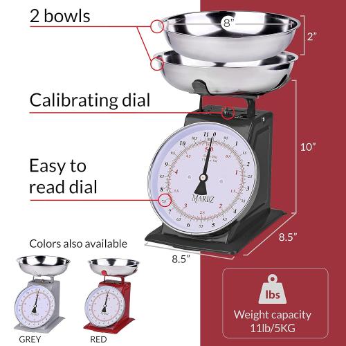 MARLIZ Kitchen Scale 11Lb/5Kg with 2 Bowls |Mechanical dial Scale| Vintage Kitchen Scale| Pesa para alimentos| bascula de cocina|Red|Bakers Scale