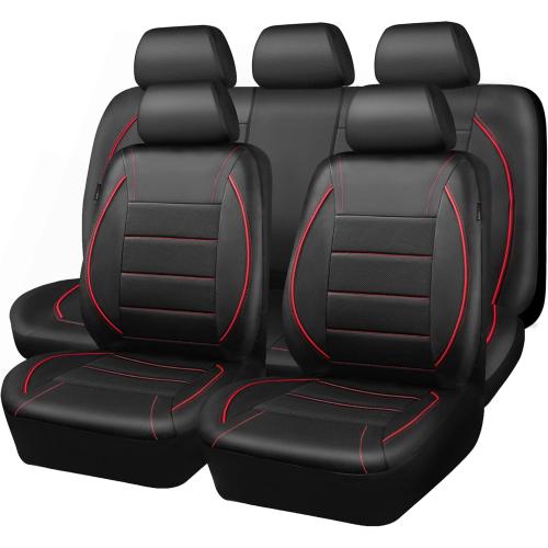 CAR PASS Universal FIT Piping Leather Car Seat Cover, for suvs,Van,Trucks,Airbag Compatible,Inside Zipper Design and Reserved Opening Holes (Full Set, Black and Red)