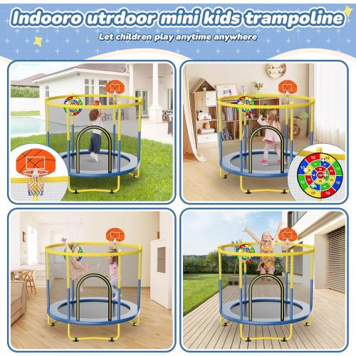 6FT Indoor Trampoline for Kids Ages 1-8, 72 Mini Toddler Indoor & Outdoor Trampoline with Safety Enclosure Net, Basketball Hoop & Dart Board, Birthday Gifts for Boys & Girls, Baby Toddler