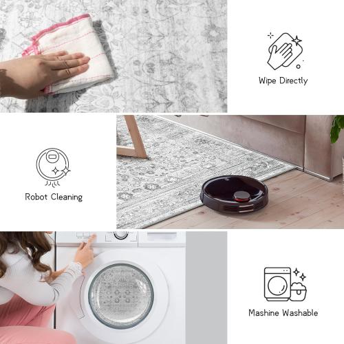 Washable Runner 2x6, Boho Entryway Rug for Hallway, Kitchen, Bedroom, Bathroom - Soft Grey, Non Slip, Long Floral Vintage Distressed Carpet for Living Room