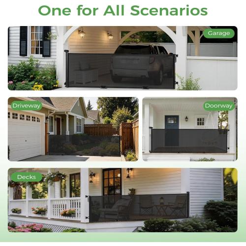 FRUITEAM 120 Wide Outdoor Waterproof Retractable Gate for Dogs & Kids – Ground Stakes, Easy One-Hand Operation, Scratch-Resistant & Tear-Proof Mesh for Indoor/Outdoor Use on Garage, Driveway – Black ‼️has mild stains ‼️