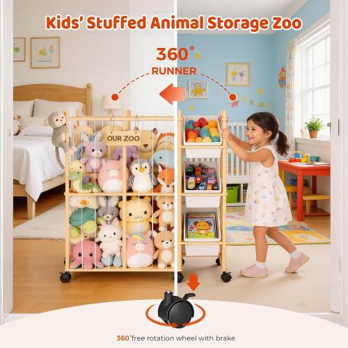 Sevenblue Toy Storage Organizer with 3 Removable Bins, Kids Storage Toy Shelf Organizer for Stuffed Animal Holder for Bedroom Playroom Nursery | Wood & White