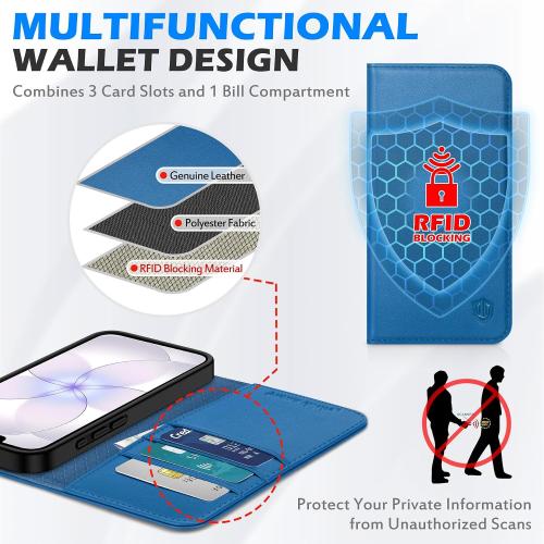 SHIELDON Real Leather Wallet Case for iPhone 17e/16e 6.1, Sapphire Blue