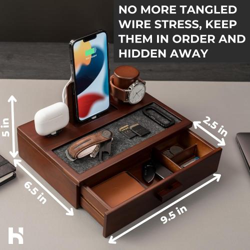 Holme & Hadfield Premium Wooden Phone Docking Station with Drawer – Nightstand Organizer for Charging Phone & Earbuds – Declutter Your Space with Felt-Lined Protection & Watch Pillar - Gift For Men