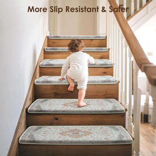 Brakki Bullnose Stair Treads for Wooden Steps, Non Slip Stair Carpet for Indoor Runner and Pets, Soft Edging Staircase Protectors Reusable, Washable, 29.5x9.5x1.5 14pcs, Beige and Grey