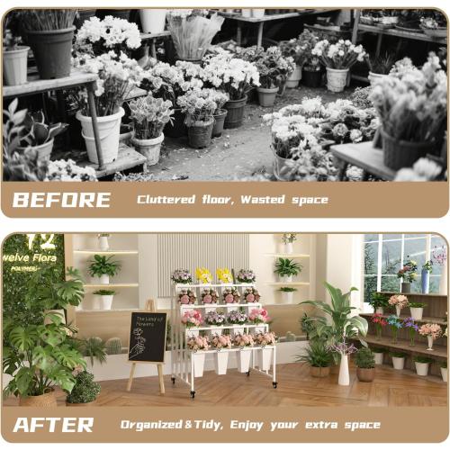 Flower Display Stand with 12 Buckets, 3 Layers Flower Bar, White Metal Plant Stand with Wheels, Heavy Duty Flower Cart for Indoor Outdoor Patio Garden Wedding Florist, White Metal Frame