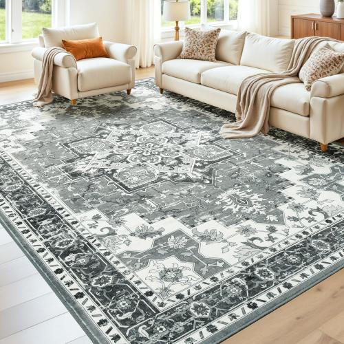 Size 8x10 Color Grey Area Rugs for Living Room, Machine Washable Non Slip Carpet, Large Vintage Floral Aesthetic Rug, Bedroom Decor, Ash Grey