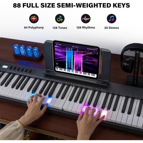88-Key Foldable Piano Keyboard with Colorful Lighted Keys | Semi-Weighted Full Size Portable Digital Piano with MIDI, Speakers, Sustain Pedal for Beginners, Travel and Small Spaces