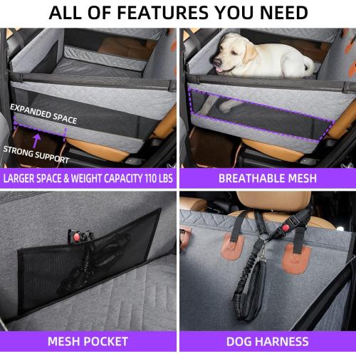 Large Dog Car Seat,Back Seat Extender for Dogs,Waterproof Medium Dog Seat Cover for Backseat, Pet Bed for Car Hammock(Grey-L)