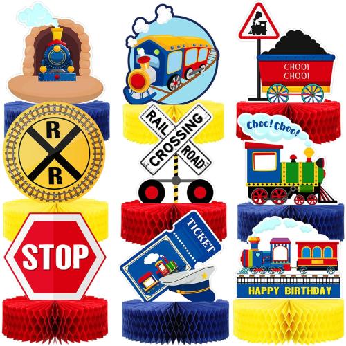 Spakon 9 Pcs Train Birthday Party Decorations Railroad Train Crossing Centerpiece Table Decorations Railway Honeycomb for Kids and Baby Shower Railroad Crossing Sign Table Toppers Photo Booth Prop