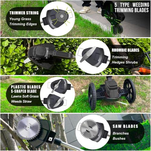 Orange Cordless Weed Wacker Eater Battery Powered, 21V Lightweight Electric Weed Trimmer with 2 Battery Operated & Charger& Wheels & Shears, No-String Grass Trimmer/Brush Cutter/Lawn Edger for Yard Garden