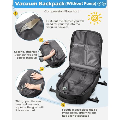 Black Vacuum Backpack Travel Laptop Backpacks For Women Men Carry On Backpack With Vacuum Compression Bags Seal Packing Personal Item Travel Bag Vacpack Backpacks Without Pump
