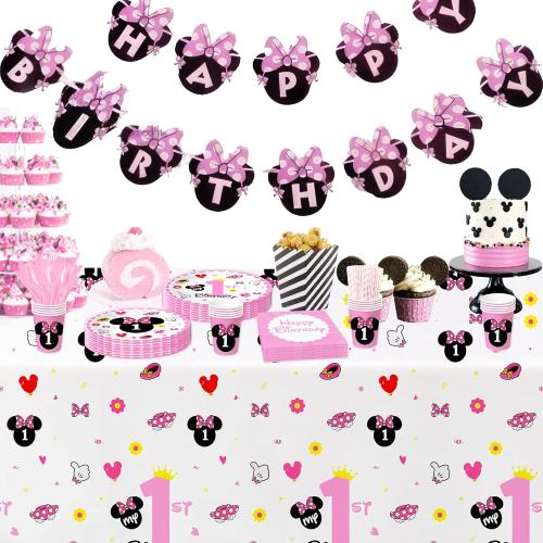 Minnie 1st Birthday Party Supplies - Minnie Theme Mouse Birthday Decorations Tableware, Plate, Cup, Napkin, Tablecloth, Cutlery, Straw, Pink Minnie First Birthday Party Supplies | Serve 24