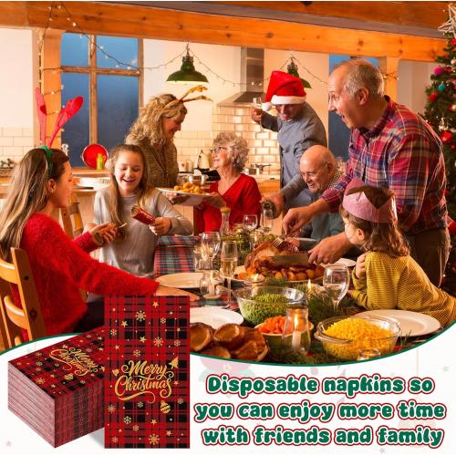 Gueevin 100 Pcs Buffalo Plaid Christmas Disposable Napkins Disposable Cocktail Napkins Guest Towel Christmas Tree Napkin for Xmas Kitchen Table Party Supplies Decor(Letter,4.3 x 7.9 Inch)