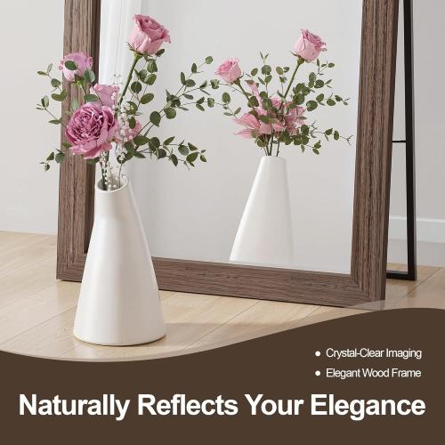 Size 56x20 Color brown Full Length Wooden Mirror for Wall or Floor, 56x20 Rustic Farmhouse Solid Wood Frame with Stand, Large Rectangular Wall-Mounted or Leaning Mirror for Bedroom, Living Room, Entryway