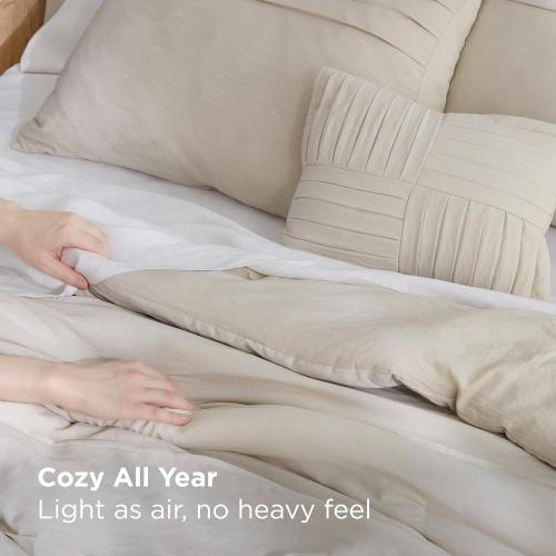 Bedsure Queen Comforter Set - 4 Pieces Pinch Pleat Bed Set, Beige Boho Bedding for All Season, 1 Soft Comforter, 2 Pillowcases, 1 Decorative Pillow