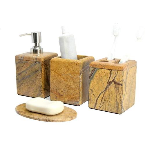 Set of 4 Color Brown Bathroom Accessory Set Made from Natural Stone - Bath Accessories Set of 4 Includes Soap Dispenser, Toothbrush Holder, Tumbler and Soap Dish (Brown)