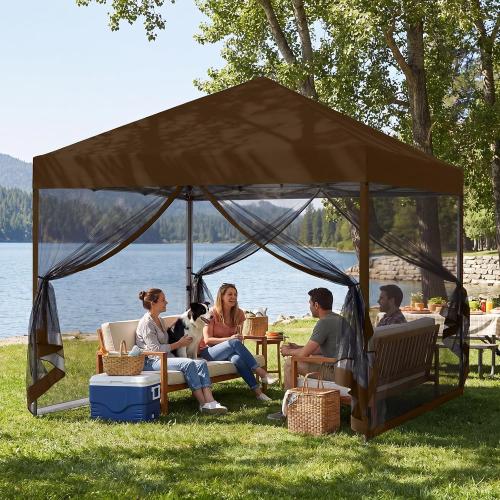 MASTERCANOPY 10x10 Pop Up Canopy Tent with Netting Walls Brown | Silver‑coated Waterproof UV‑blocking with Bug‑proof Mesh and Straight Legs for Parties, Picnics, Camping