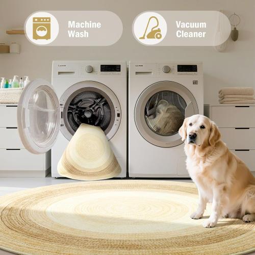 Carvapet 5 ft Round Washable Rug, Imitation Jute Low Pile Circle Carpet with Non Slip Rubber Backing, Foldable Stain Resistant Area Rug for Living Room Bedroom Office Bathroom