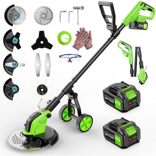 Kihoplly 12 Stringless Weed Wacker Cordless Eater, 21V 6000mAh Battery Powered Trimmer Edger Lawn Tool, 20000 RPM Powerful Electric Wheeled Lawn Edger with Blades, Foldable& Lightweight Brush Cutter | 6000mAh Battery Powered Trimmer Edger, Electric Wheeled Lawn Edger with Blades, Foldable& Lightweight Brush Cutter
