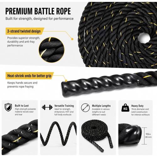 Fitvids Battle Rope 1.5Inch 2 Inch Diameter Poly Dacron 30 FT – 40 FT – 1.5-Inch, 30FT – Black