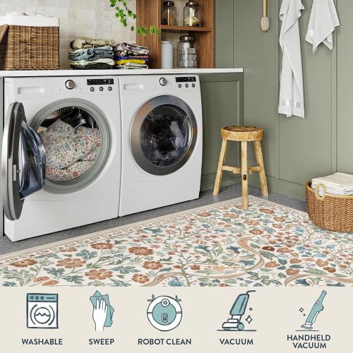 Lahome Floral 3x5 Beige Nursery Rug, Non-Slip Washable Area Rugs for Dorm Bedside Entryway, Botanical Soft Boho Carpet for Kids Room, Entrance Indoor