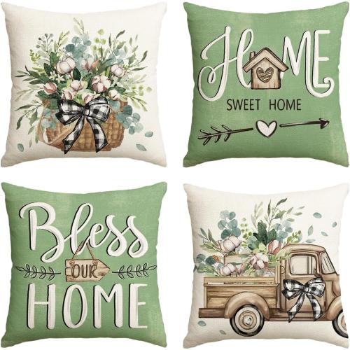 Bless Our Home Farmhouse Eucalyptus Leaves Throw Pillow Covers, 18 x 18 Inch Truck Home Sweet Cushion Case Decorations Set of 4