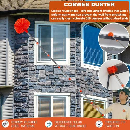 Orange 20  Feet High Reach Duster Kit with 3-14 ft Extension Pole // High Ceiling Dusting and Window Cleaning Kit with Spliceable Pole - Window Washer & Squeegee, Cobweb Duster, Fan Blade and Feather Dusters