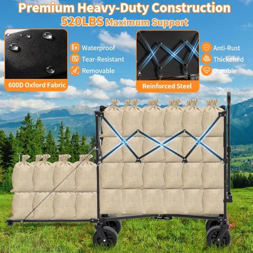 480L Double Decker Wagon, 58 L Extended Foldable Utility Cart with Tailgate, Big All-Terrain Wheels with Brakes, 520lbs Heavy Duty Collapsible Wagon for Camping Beach Sports Grocery Pets