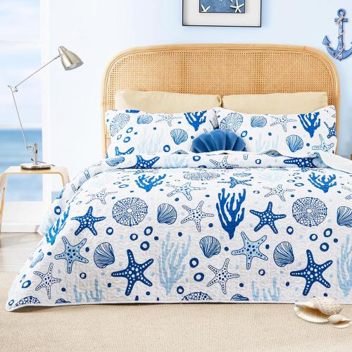 Love's cabin Twin Quilt Bedding Set Coastal White Bedspreads - Soft Bed Summer Beach Nautical Quilt Lightweight Bedspread- Reversible Bedding Coverlet for All Season - 2 Piece