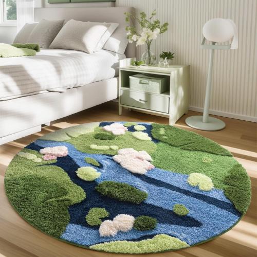 YIHOUSE 4ft Moss Round Area Rug 3D Cute Green Grass Rugs for Bedroom Machine Washable Non-Slip Boho Circle Rug Soft Fluffy Carpet for Living Room Bathroom Nursery Room, Pond