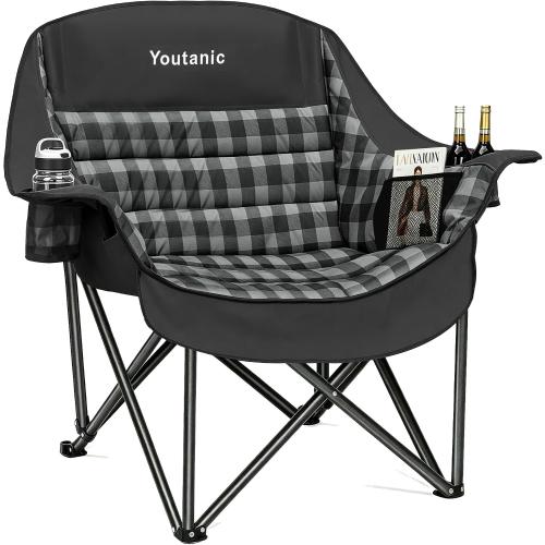Youtanic Oversized Extra Large Padded Camping Chair, Heavy Duty 400 lbs Foldable Lawn Chair, Ergonomic Outdoor Seat with Plaid Design, Cup Holders & Storage Pockets for Fishing, Sports, Black
