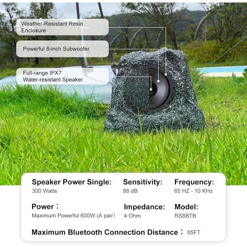 Herdio 8 Outdoor Rock Bluetooth Speakers IPX7 Waterproof 600 Watt Resin Material All Weather for Deck Pool Backyard Patio Garden BBQ (1 Pair)