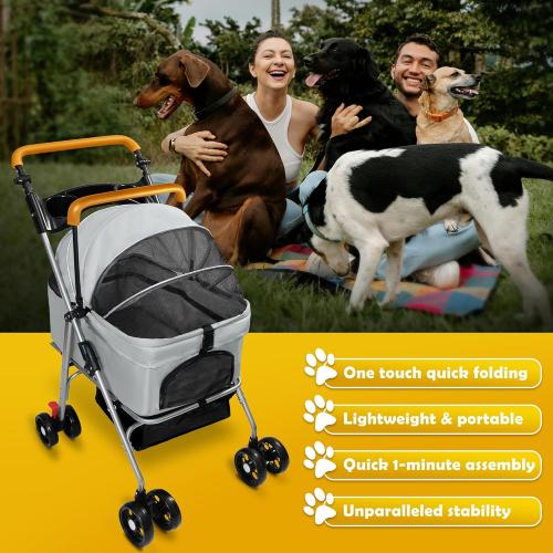 Pet Stroller with Storage Basket and Cup Holder, Folding Dog Jogger, Foldable Cat Stroller, 3 in 1 Puppy Kitten Cart, Pet Jogger for Medium Dog Cat (Gray)